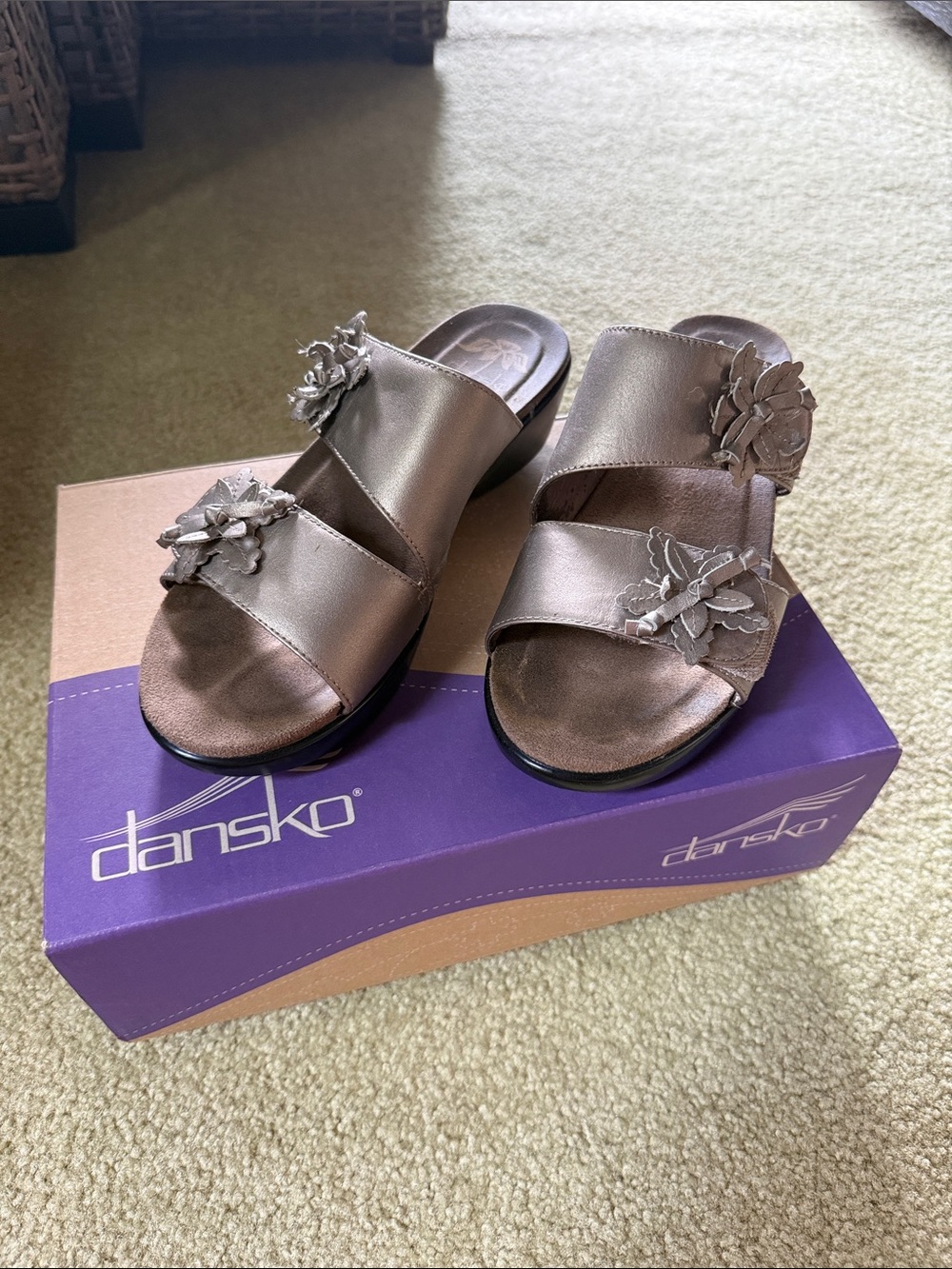 Dansko Floral Slide Sandals in Metallic Taupe